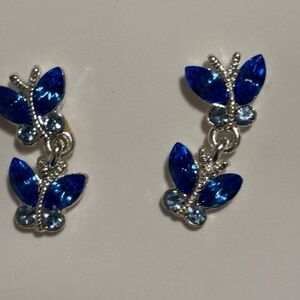 Blue Sapphire and White Rhinestones -SilverTone setting dangle earrings